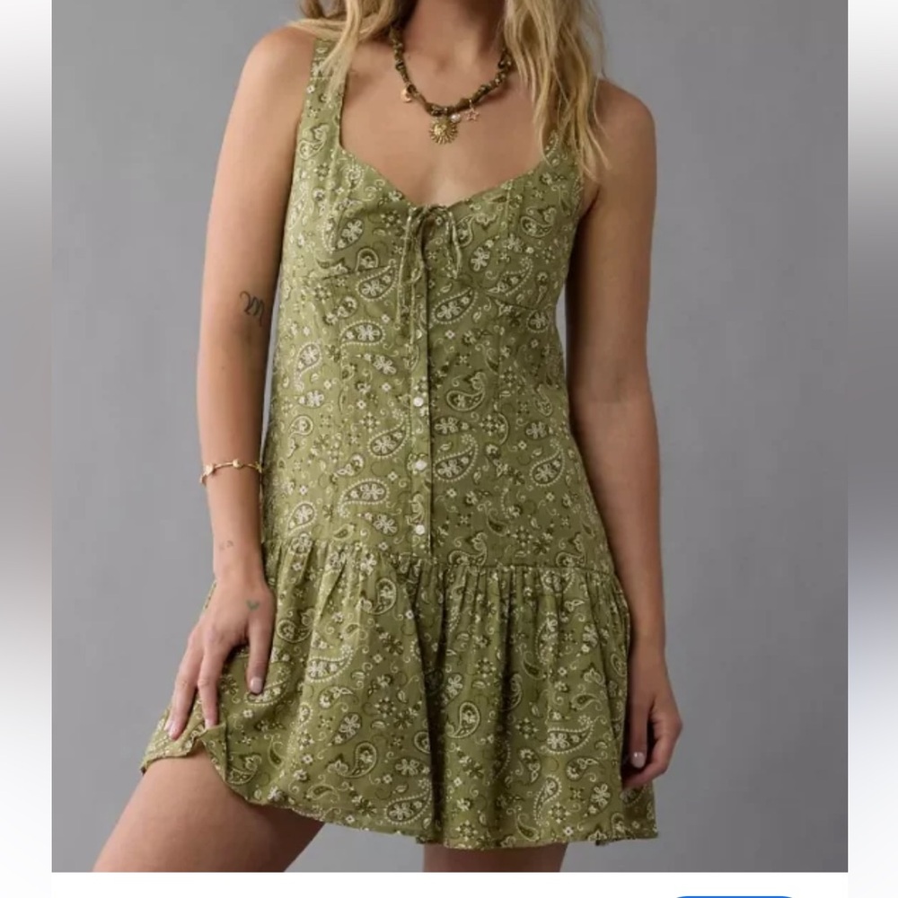 AMERICAN EAGLE GREEN AND WHITE PAISLEY DROP WAIST CORSET MINI DRESS- SMALL